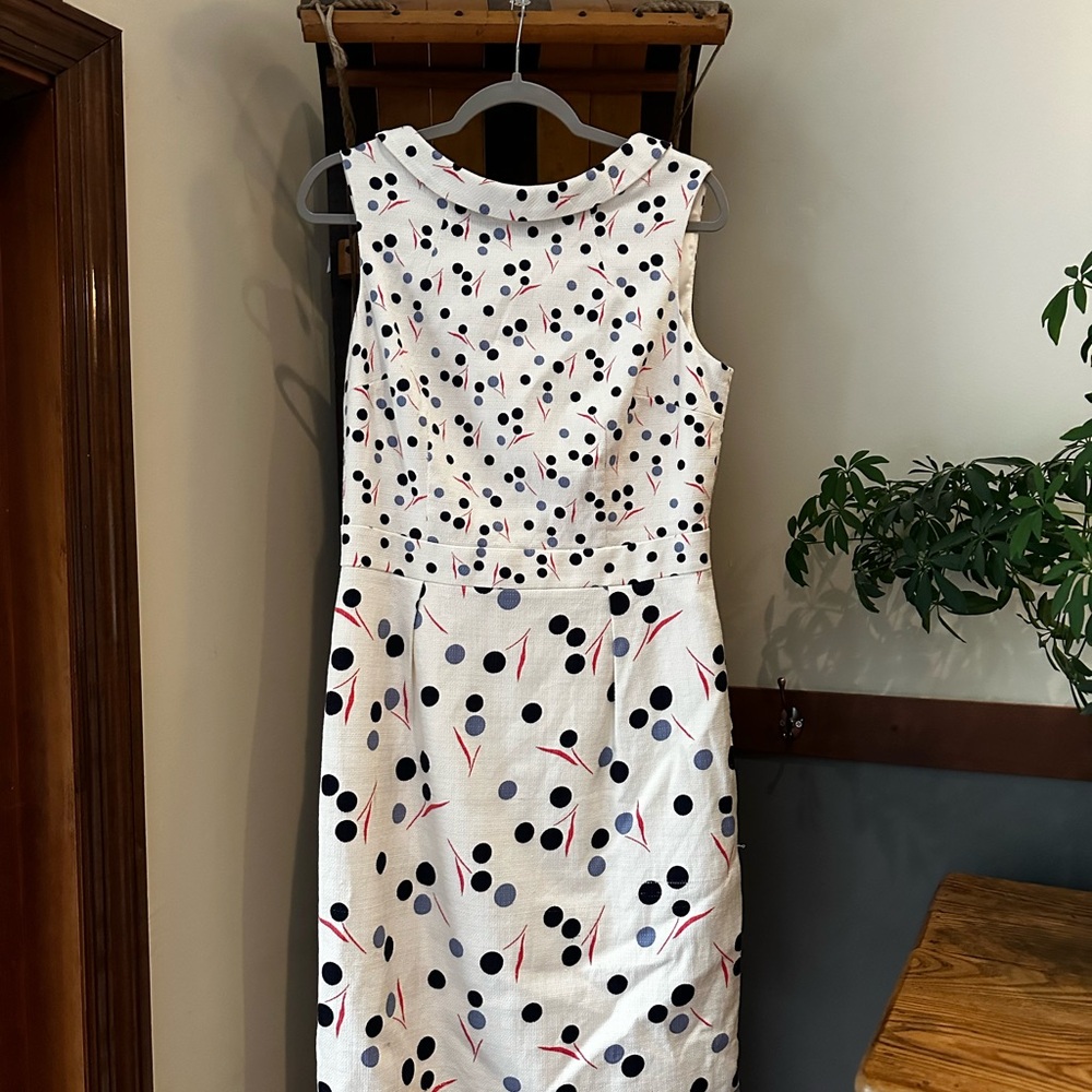 Boden White and Pink Sheath Midi Dress Sleeveless Crew Neck